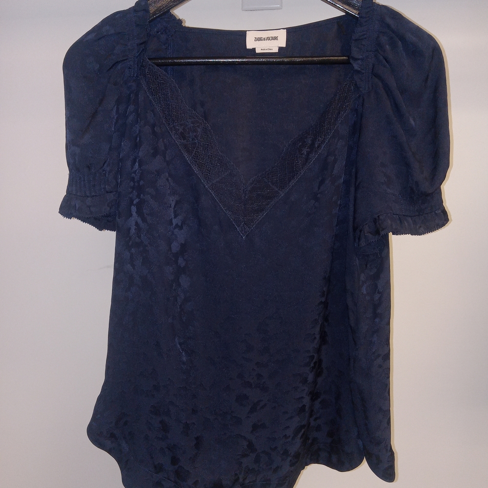 Zadig & Voltaire Navy Lace-Trim V-Neck Puff Sleeve Blouse